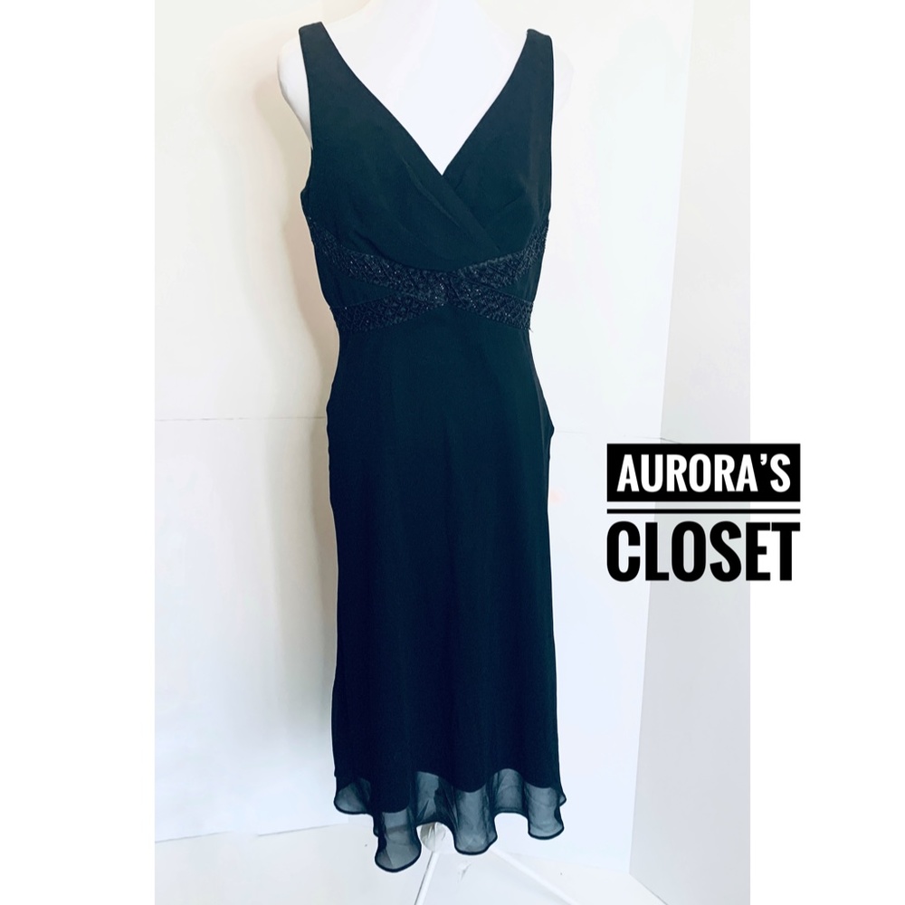 Eliza J 12 Black Chiffon Sheath Dress Beaded Empire Waist V Neck Flounce